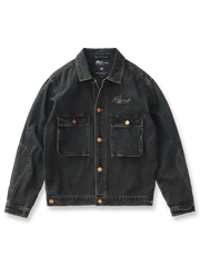 製品画像: アメリカンレトロ風 ルーズフィット ウォッシュ加工デニムワークジャケット 正面、ヴィンテージ感のあるデザイン
詳細画像: 背面の刺繍と銅色ボタンのディテール、クラシックなアクセント