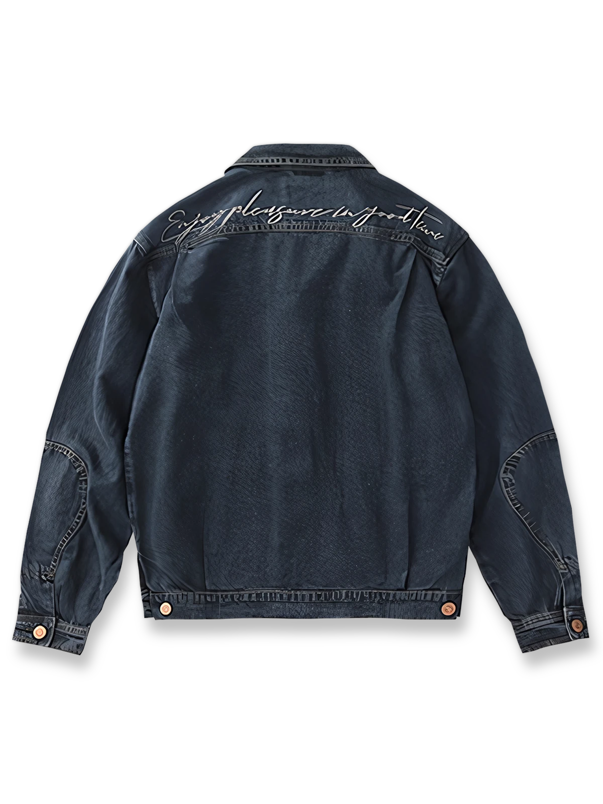 製品画像: アメリカンレトロ風 ルーズフィット ウォッシュ加工デニムワークジャケット 正面、ヴィンテージ感のあるデザイン
詳細画像: 背面の刺繍と銅色ボタンのディテール、クラシックなアクセント