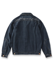 製品画像: アメリカンレトロ風 ルーズフィット ウォッシュ加工デニムワークジャケット 正面、ヴィンテージ感のあるデザイン
詳細画像: 背面の刺繍と銅色ボタンのディテール、クラシックなアクセント