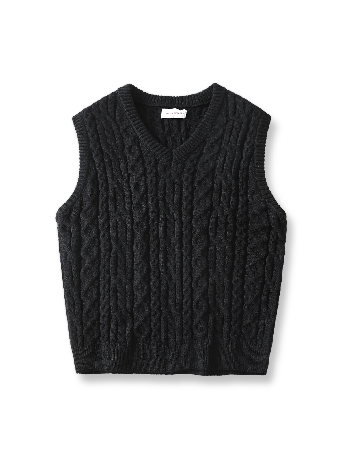 製品画像: アメリカンレトロ風 アランケーブルジャカードニットベスト 正面、ヴィンテージ感とクラシックデザイン
詳細画像: 厚手の襟元と袖口デザインのディテール、暖かく快適