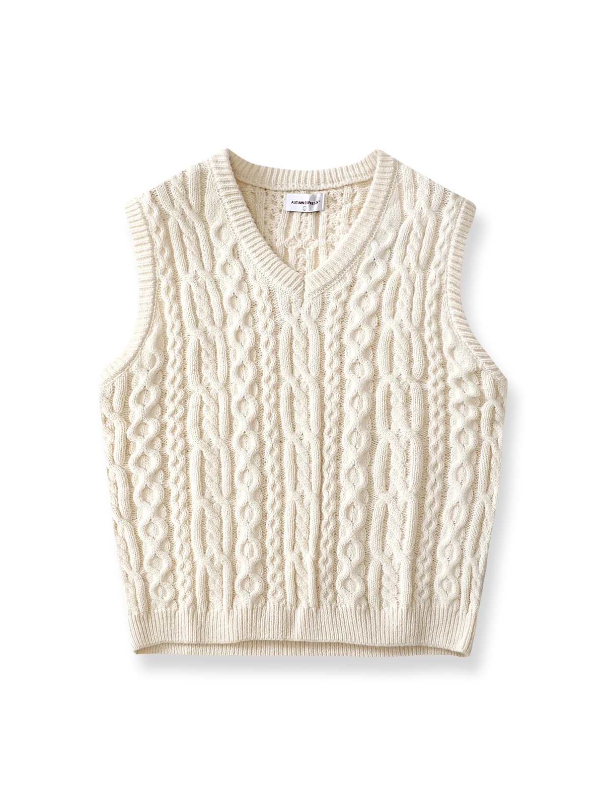 製品画像: アメリカンレトロ風 アランケーブルジャカードニットベスト 正面、ヴィンテージ感とクラシックデザイン
詳細画像: 厚手の襟元と袖口デザインのディテール、暖かく快適