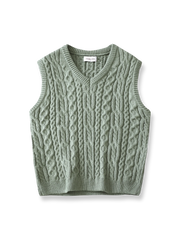 製品画像: アメリカンレトロ風 アランケーブルジャカードニットベスト 正面、ヴィンテージ感とクラシックデザイン
詳細画像: 厚手の襟元と袖口デザインのディテール、暖かく快適