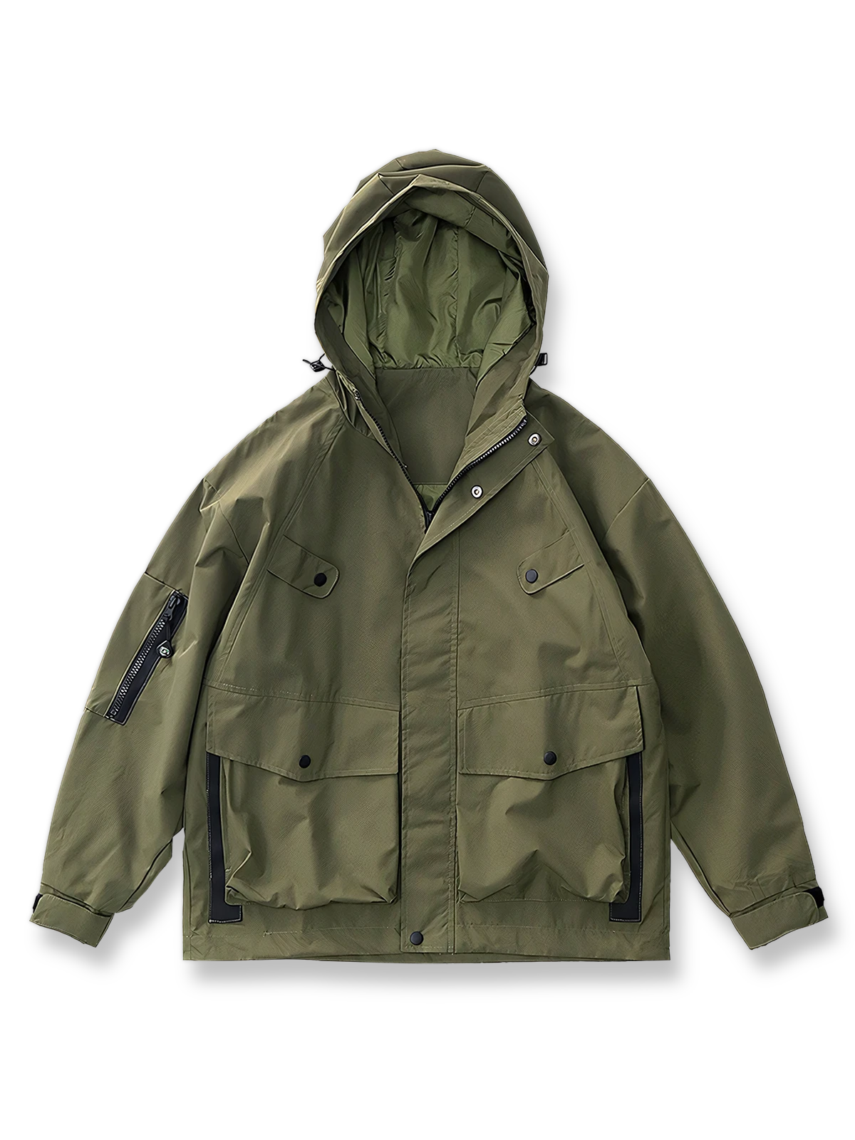 製品画像: 撥水・防風・防汚 テフロン加工 フード付き ルーズフィット アウトドア ワークジャケット 正面
詳細画像: 高めのフードと立体的な二重ポケット ディテール