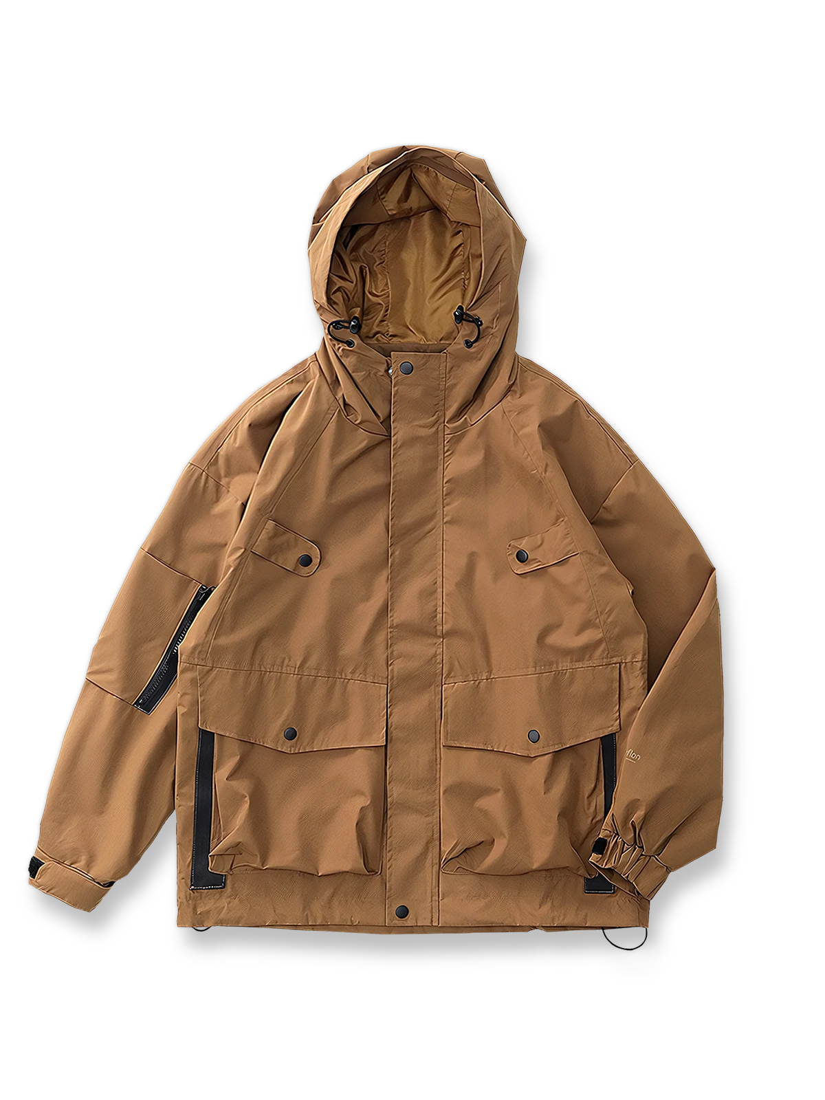 製品画像: 撥水・防風・防汚 テフロン加工 フード付き ルーズフィット アウトドア ワークジャケット 正面
詳細画像: 高めのフードと立体的な二重ポケット ディテール