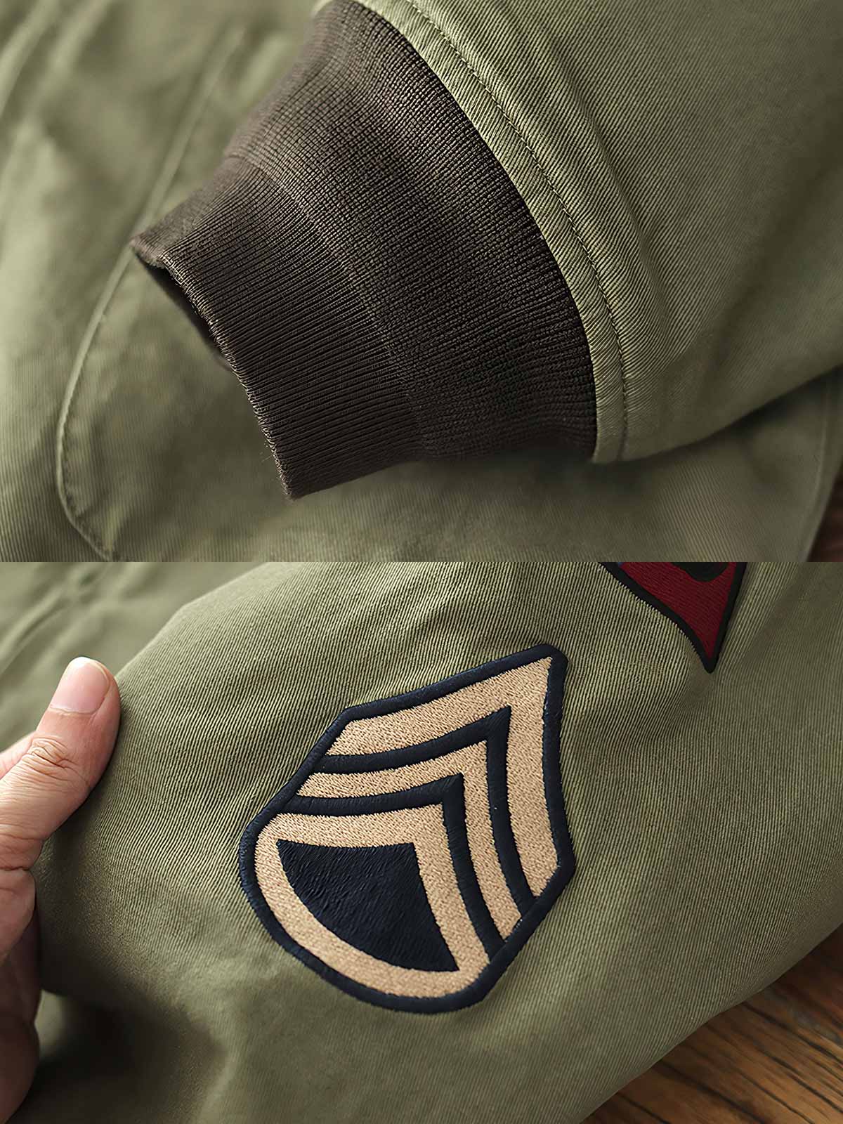 製品画像: 裏起毛 防寒 ミリタリー タンカージャケット 正面
詳細画像: TALONジッパーとトリコロール刺繍ワッペン ディテール