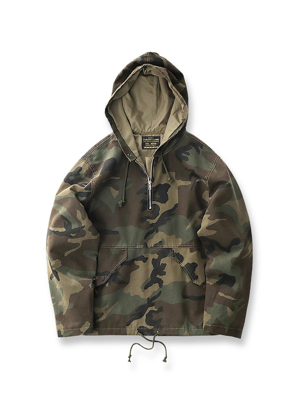 製品画像: アメリカンレトロ風 虎柄迷彩 フード付き ハーフジップ アウトドア ワークジャケット 正面
詳細画像: ハーフジップと大きなフラップポケット ディテール