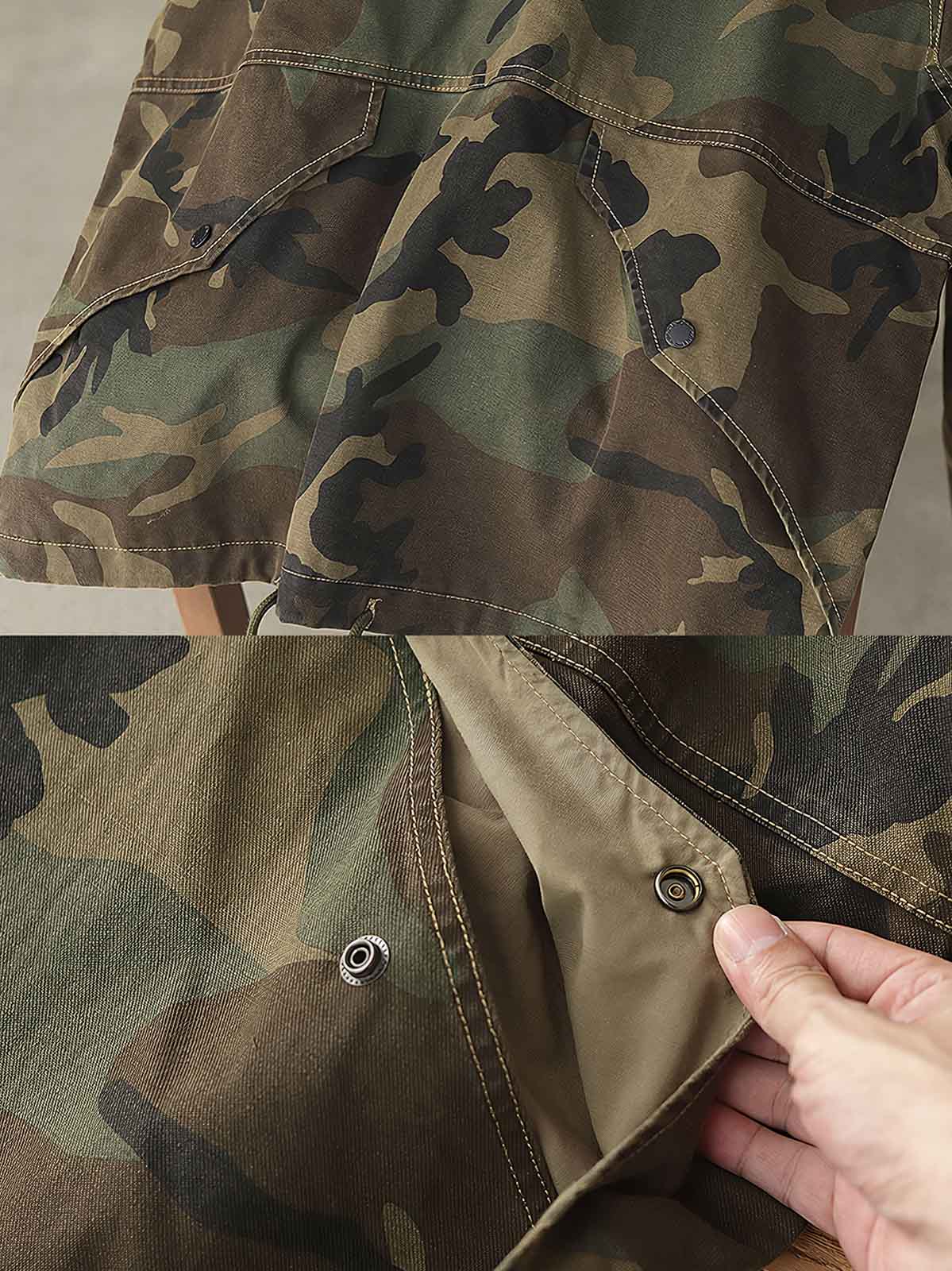 製品画像: アメリカンレトロ風 虎柄迷彩 フード付き ハーフジップ アウトドア ワークジャケット 正面
詳細画像: ハーフジップと大きなフラップポケット ディテール