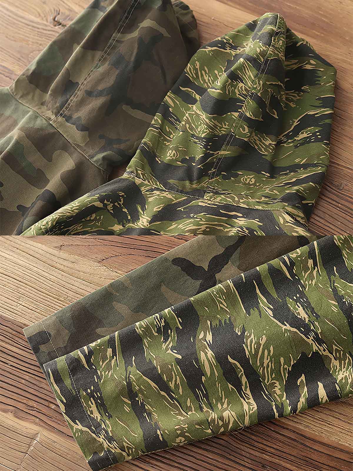 製品画像: アメリカンレトロ風 虎柄迷彩 フード付き ハーフジップ アウトドア ワークジャケット 正面
詳細画像: ハーフジップと大きなフラップポケット ディテール