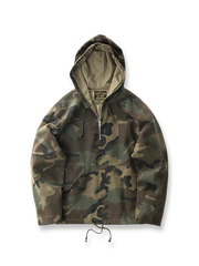 製品画像: アメリカンレトロ風 虎柄迷彩 フード付き ハーフジップ アウトドア ワークジャケット 正面
詳細画像: ハーフジップと大きなフラップポケット ディテール