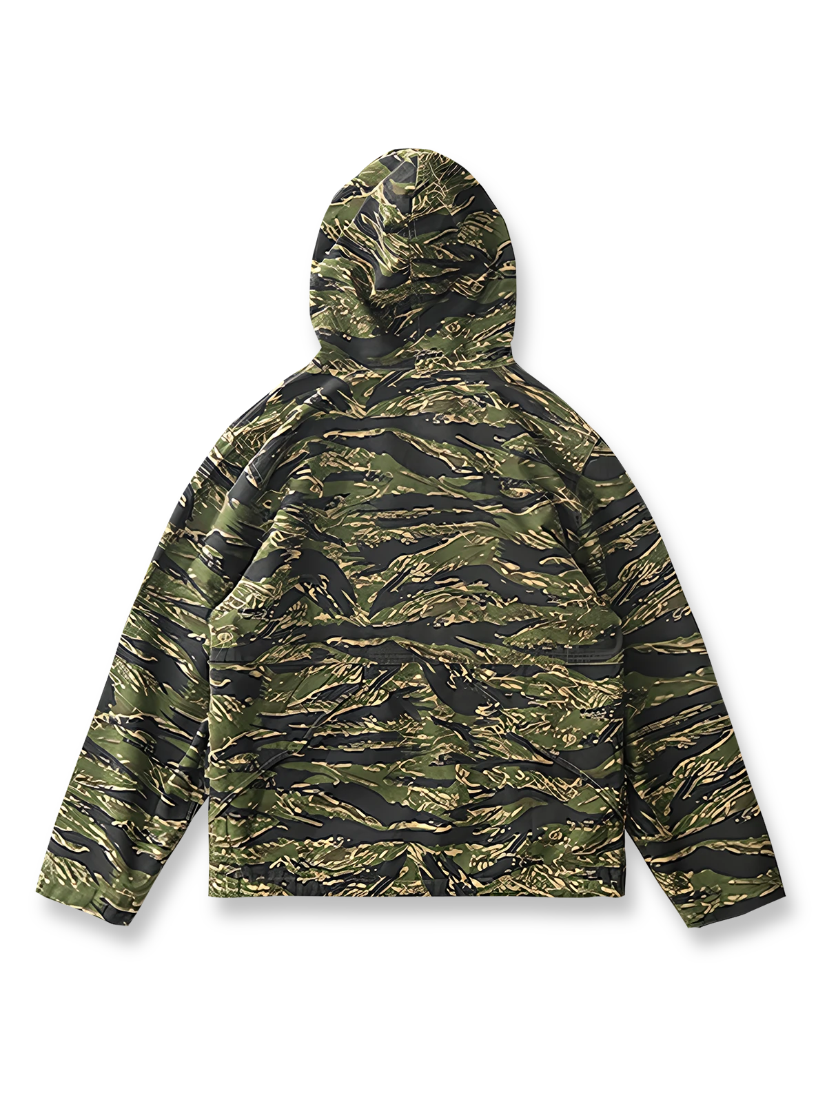 製品画像: アメリカンレトロ風 虎柄迷彩 フード付き ハーフジップ アウトドア ワークジャケット 正面
詳細画像: ハーフジップと大きなフラップポケット ディテール