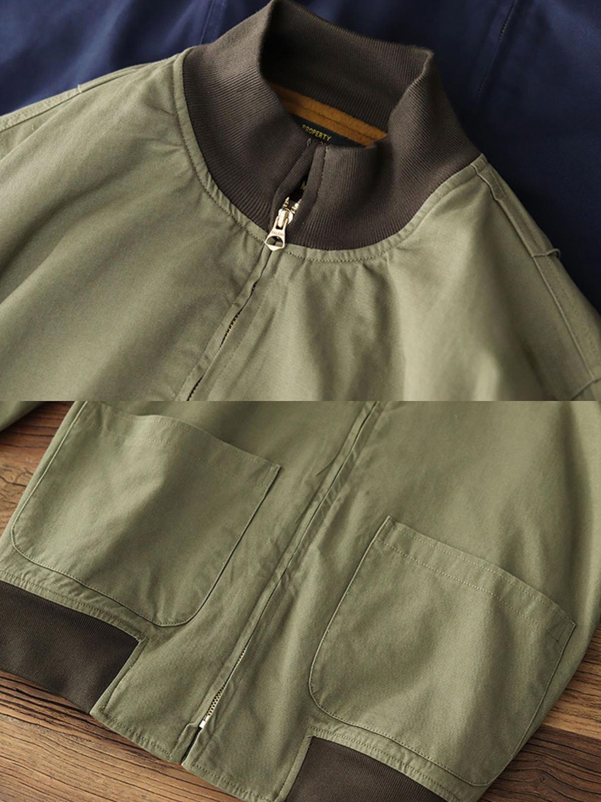 製品画像: 裏起毛 防寒 ウォッシュツイル コンバットジャケット 正面
詳細画像: TALON真鍮ジッパーとリブスタンドカラー ディテール