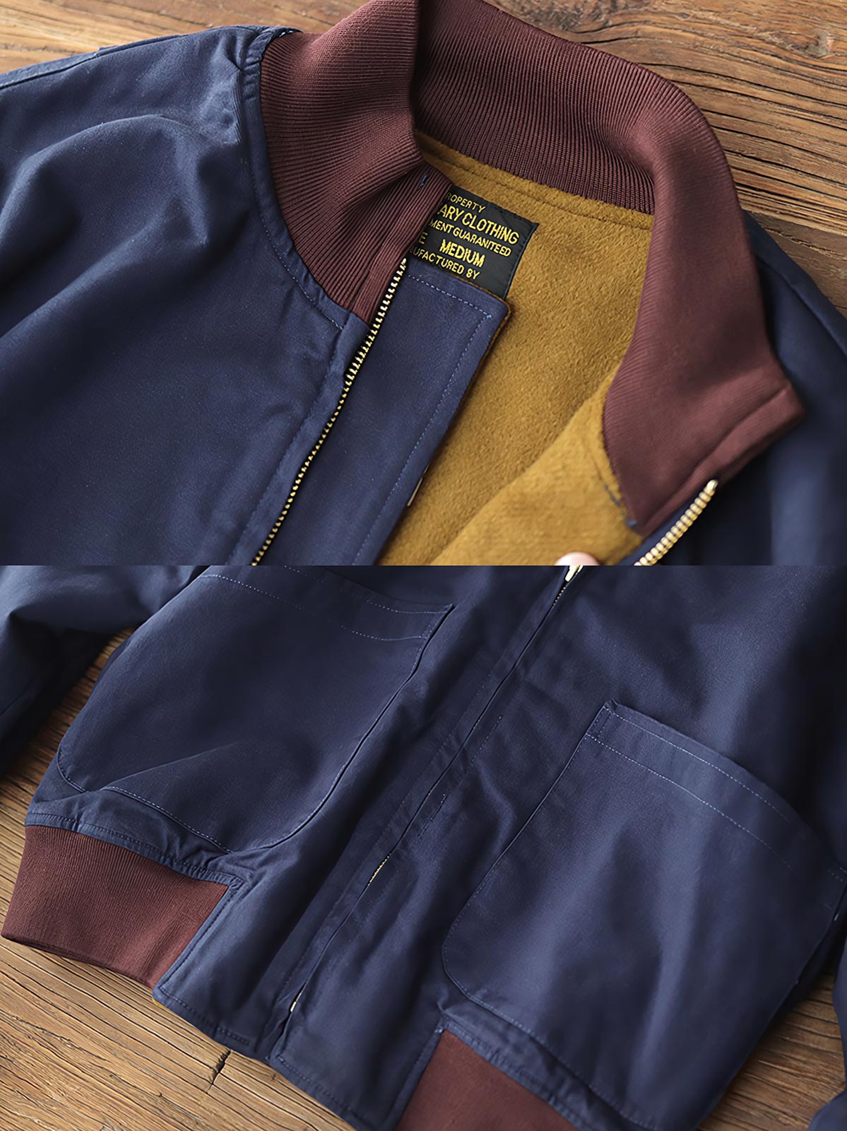 製品画像: 裏起毛 防寒 ウォッシュツイル コンバットジャケット 正面
詳細画像: TALON真鍮ジッパーとリブスタンドカラー ディテール