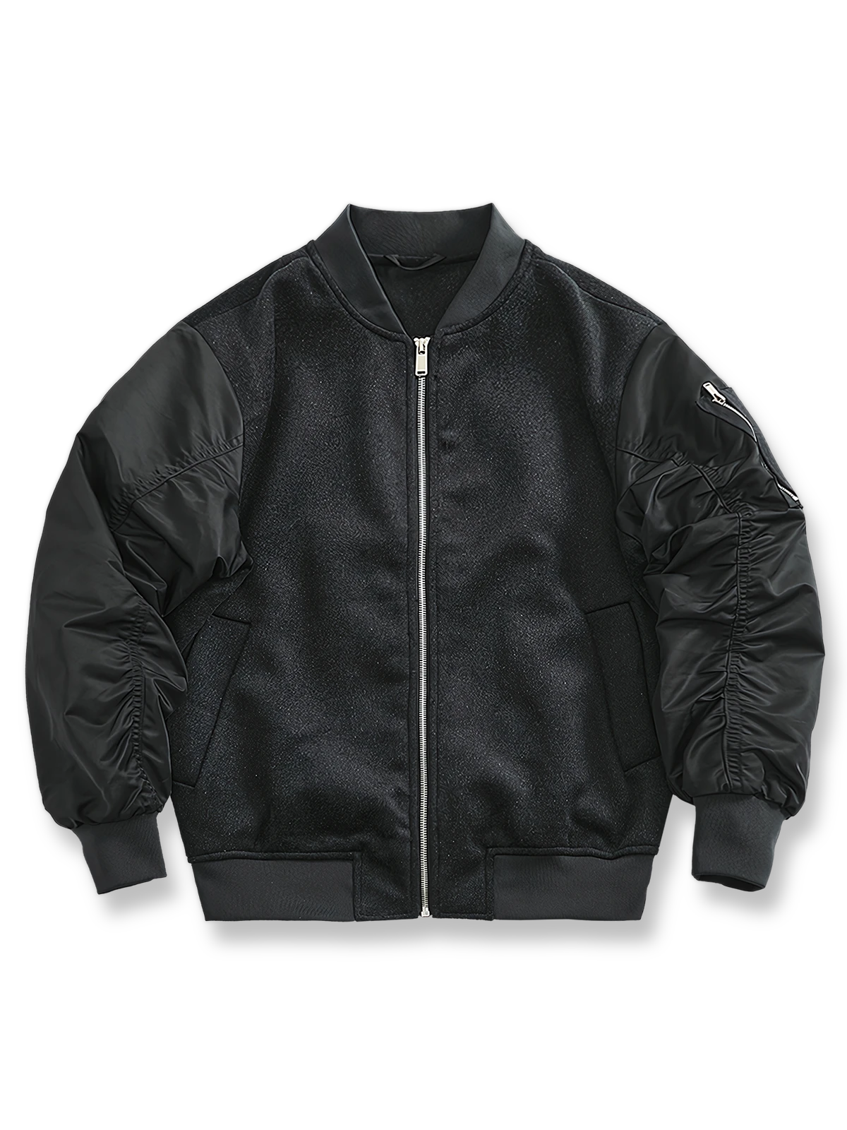 製品画像: ウール配色のレトロ風MA-1フライトジャケットのフロントビュー。パネルデザインとリブカラーが特徴のスタイリッシュなアウター
詳細画像: ウールとポリエステルのパネルデザインとジッパーのディテール。コントラスト配色が映えるレトロ風フライトジャケット