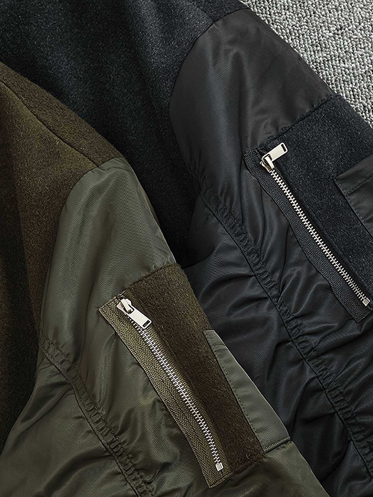 製品画像: ウール配色のレトロ風MA-1フライトジャケットのフロントビュー。パネルデザインとリブカラーが特徴のスタイリッシュなアウター
詳細画像: ウールとポリエステルのパネルデザインとジッパーのディテール。コントラスト配色が映えるレトロ風フライトジャケット