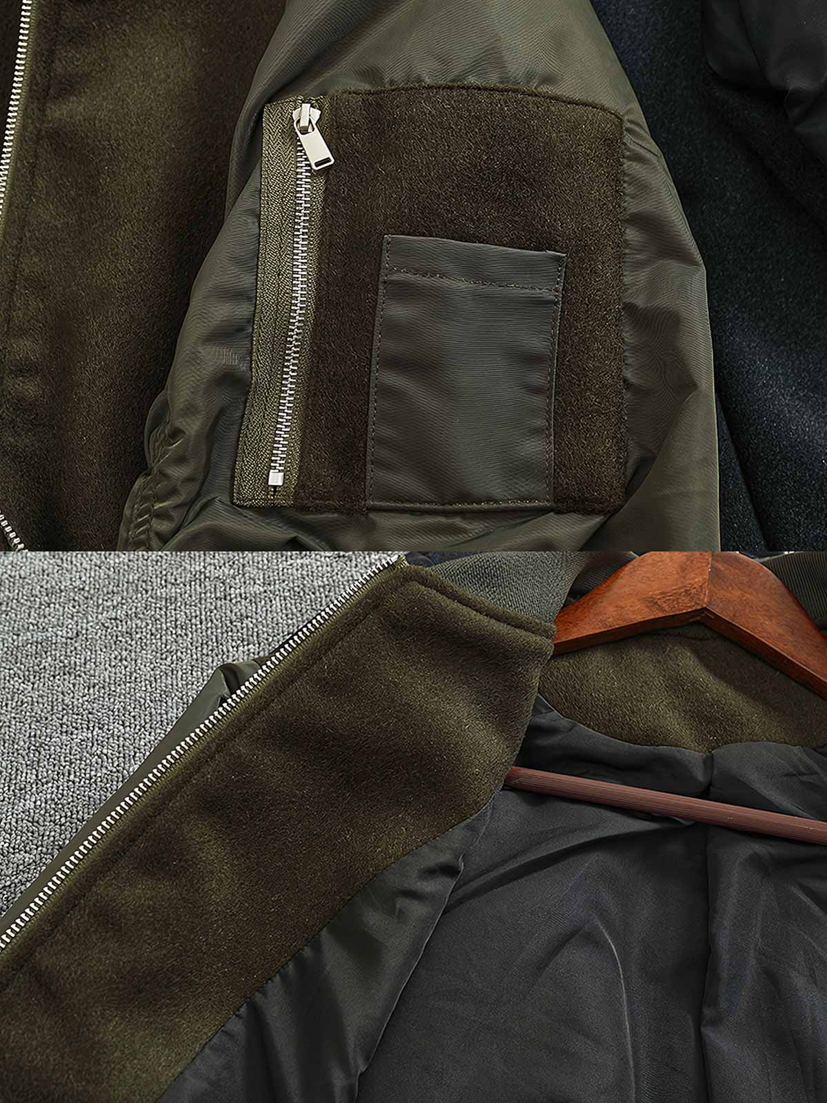 製品画像: ウール配色のレトロ風MA-1フライトジャケットのフロントビュー。パネルデザインとリブカラーが特徴のスタイリッシュなアウター
詳細画像: ウールとポリエステルのパネルデザインとジッパーのディテール。コントラスト配色が映えるレトロ風フライトジャケット