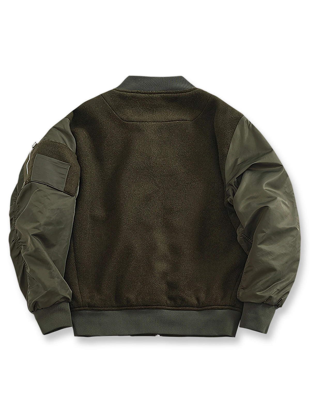 製品画像: ウール配色のレトロ風MA-1フライトジャケットのフロントビュー。パネルデザインとリブカラーが特徴のスタイリッシュなアウター
詳細画像: ウールとポリエステルのパネルデザインとジッパーのディテール。コントラスト配色が映えるレトロ風フライトジャケット