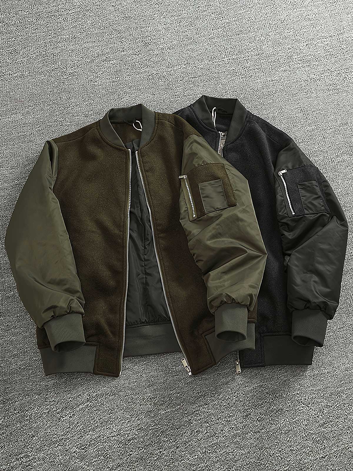 製品画像: ウール配色のレトロ風MA-1フライトジャケットのフロントビュー。パネルデザインとリブカラーが特徴のスタイリッシュなアウター
詳細画像: ウールとポリエステルのパネルデザインとジッパーのディテール。コントラスト配色が映えるレトロ風フライトジャケット