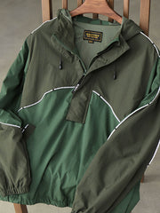 製品画像: レトロ風 配色 フード付き トレーニングジャケット 正面
詳細画像: ハーフジップと反射テープのディテール