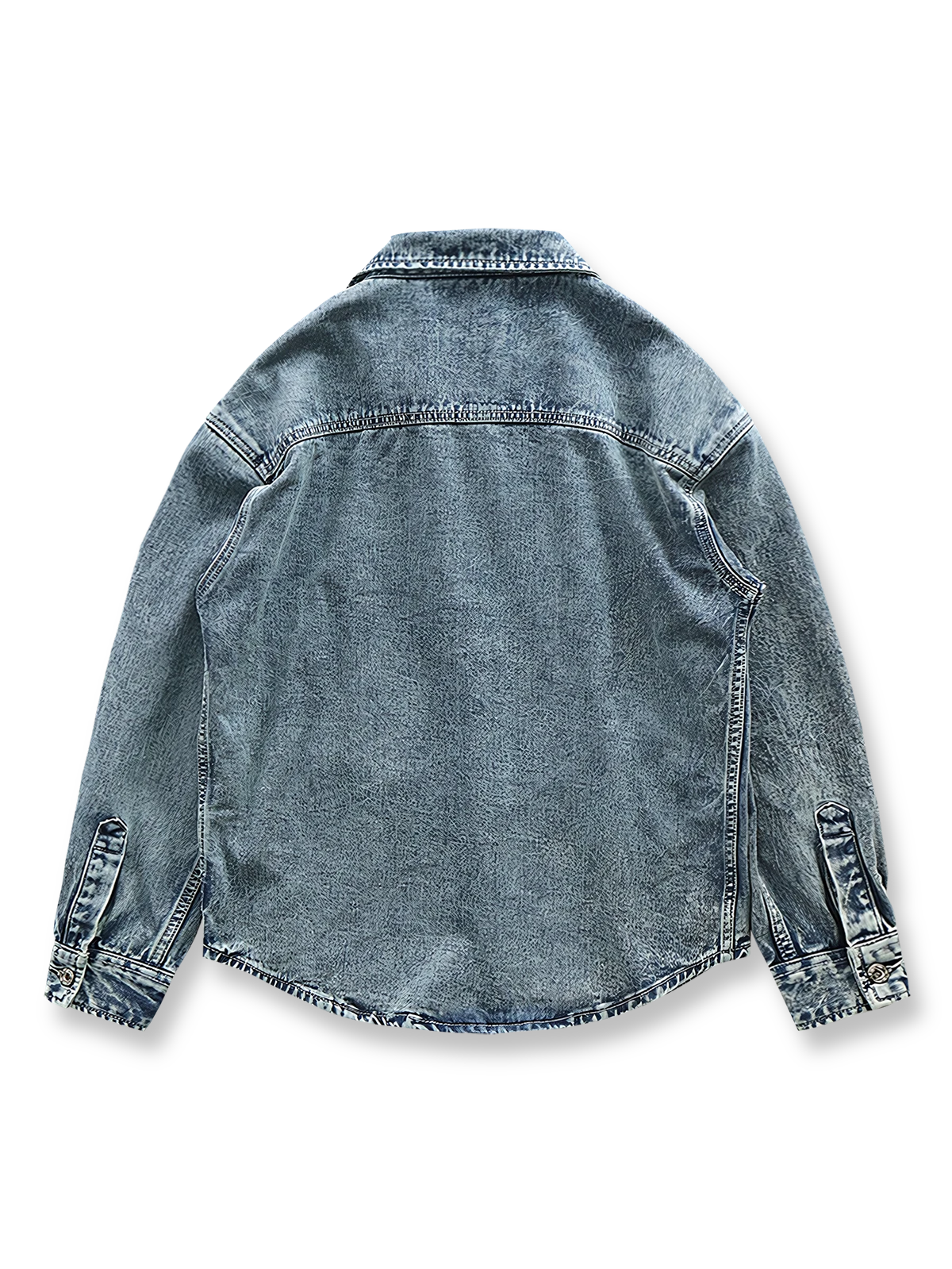 製品画像: ヴィンテージ風 厚手 ストーンウォッシュ デニム ワークシャツジャケット 正面
詳細画像: デニム素材とシングルポケット ディテール