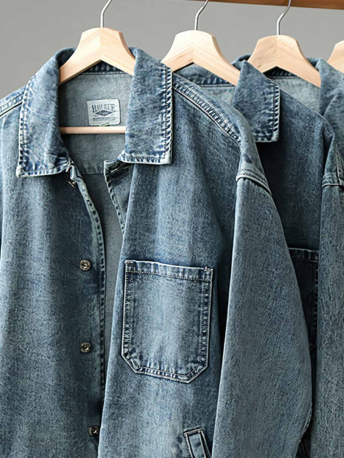 製品画像: ヴィンテージ風 厚手 ストーンウォッシュ デニム ワークシャツジャケット 正面
詳細画像: デニム素材とシングルポケット ディテール