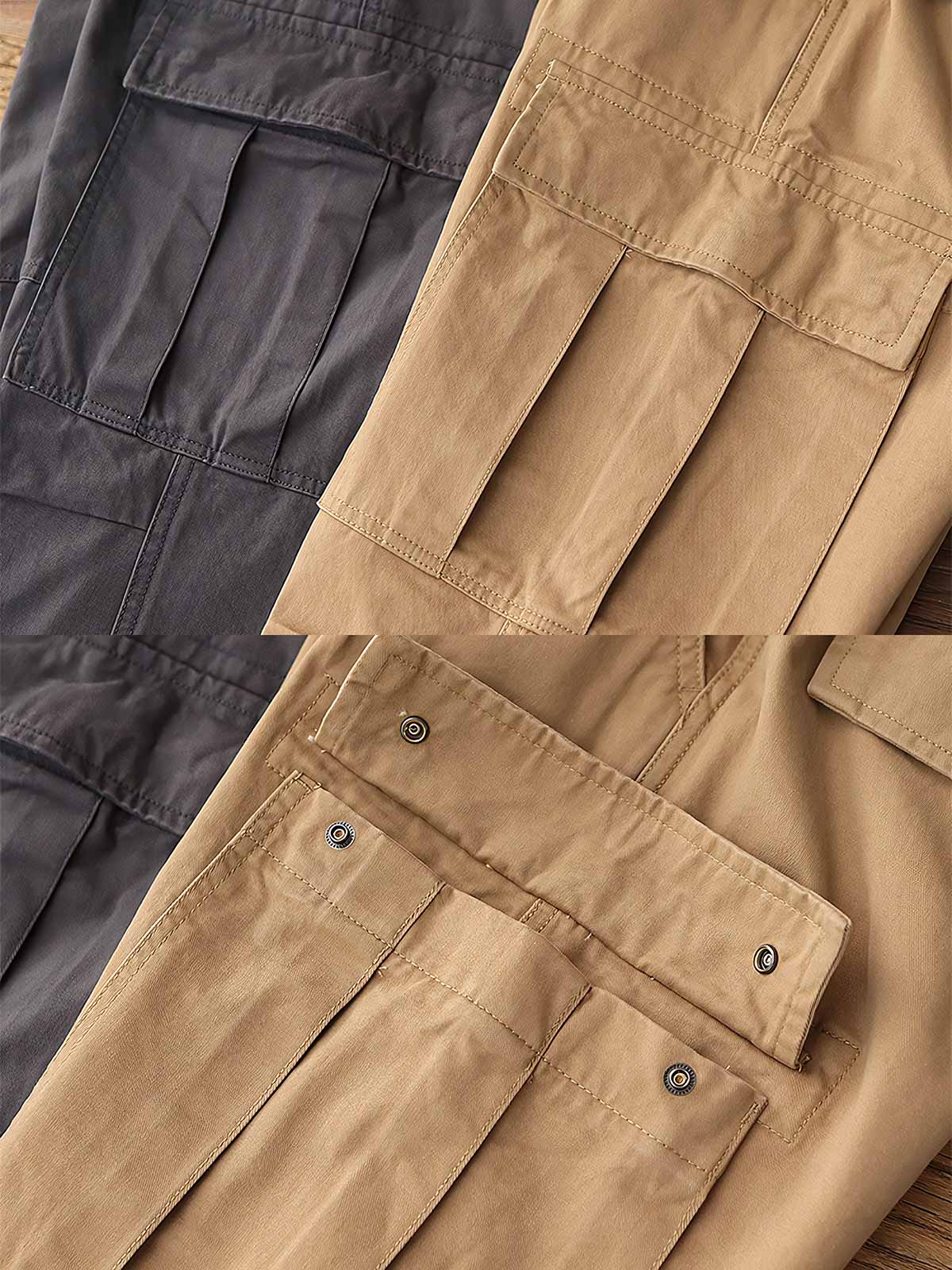 产品画像: ヴィンテージ風 厚手 アメリカンレトロ 六つポケット ウォッシュ カーゴパンツ 正面
詳細画像: カーゴポケット、ゴムウエスト、YKKジッパー ディテール