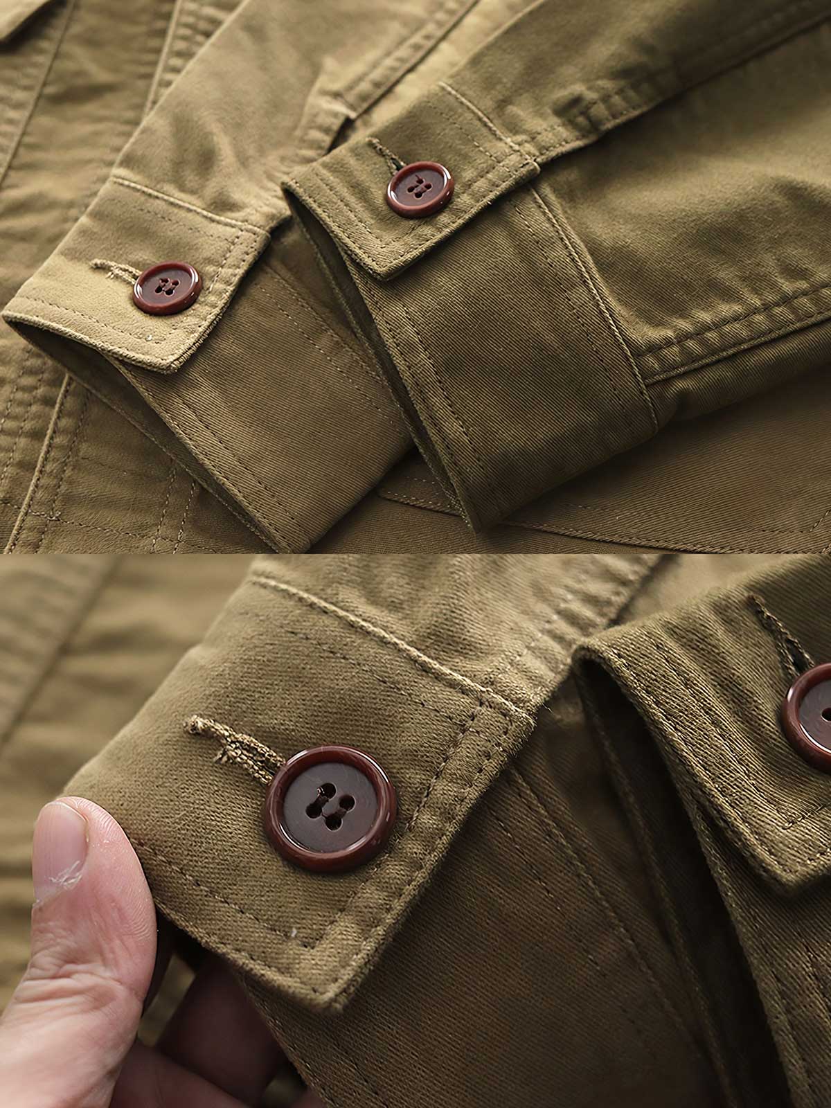 製品画像: ヴィンテージ風 ブラッシュド&ウォッシュ加工 多ポケット ワークジャケット 正面
詳細画像: 重厚なサテン生地、ブラッシュド&ウォッシュ加工、アシンメトリーなポケット ディテール