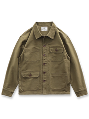 製品画像: ヴィンテージ風 ブラッシュド&ウォッシュ加工 多ポケット ワークジャケット 正面
詳細画像: 重厚なサテン生地、ブラッシュド&ウォッシュ加工、アシンメトリーなポケット ディテール