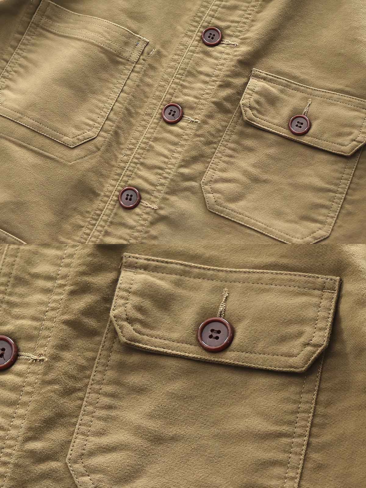 製品画像: ヴィンテージ風 ブラッシュド&ウォッシュ加工 多ポケット ワークジャケット 正面
詳細画像: 重厚なサテン生地、ブラッシュド&ウォッシュ加工、アシンメトリーなポケット ディテール