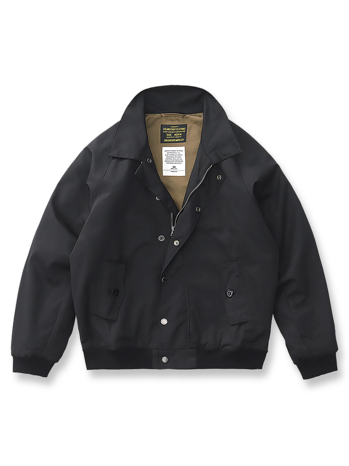 製品画像: G9 ハリントンジャケット メンズ 正面ビュー 高密度ポリエステル コットンライナー 春秋アウター
詳細画像: 背面のアンブレラヨークプリーツと TALON ジッパーのディテール、フラップ付きポケット