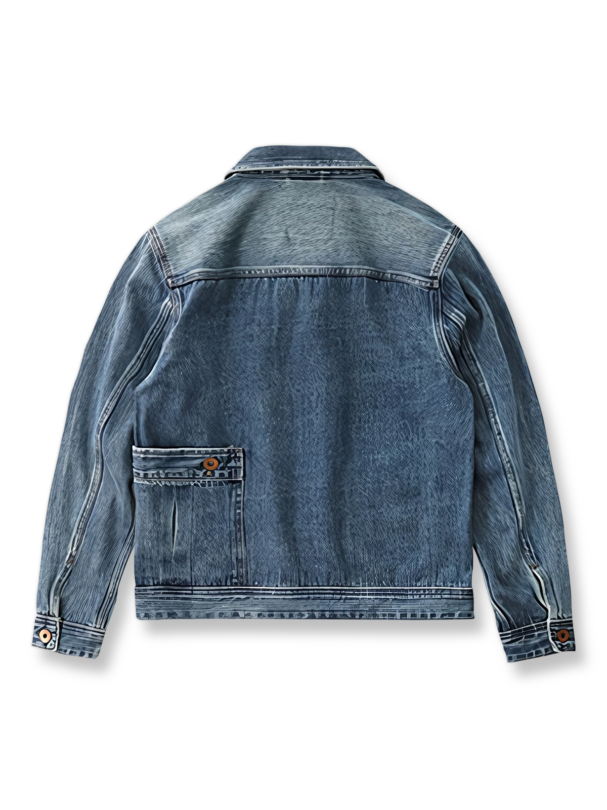製品画像: ヴィンテージ加工ウォッシュデニムジャケット メンズ 正面ビュー 高密度ポリエステル コットンライナー 春秋アウター
詳細画像: デニムジャケットのカスタムメイドヴィンテージリベットボタンと大型ポケットのディテール