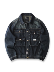 製品画像: サンドウォッシュ ヴィンテージ加工 メンズデニムワークジャケット 正面ビュー ジャパニーズテイスト 秋冬アウター
詳細画像: 多層ポケットデザインとカスタムリベットボタンのディテール サンドウォッシュ仕上げ