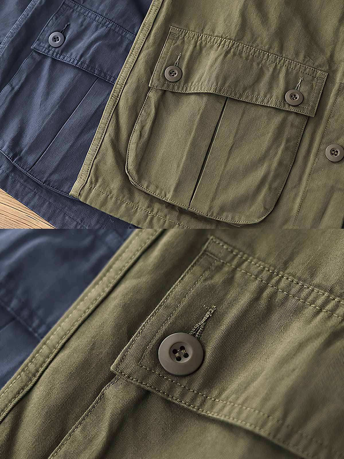 製品画像: 第二次世界大戦リバイバル TCU ジャングルコンバットジャケット メンズ 正面ビュー
詳細画像: 斜め胸ポケットと裾ポケットのディテール ヴィンテージデザインのコンバットジャケット