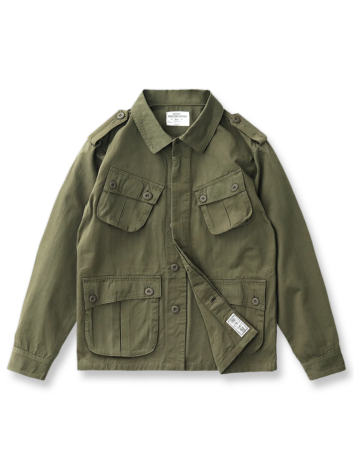 製品画像: 第二次世界大戦リバイバル TCU ジャングルコンバットジャケット メンズ 正面ビュー
詳細画像: 斜め胸ポケットと裾ポケットのディテール ヴィンテージデザインのコンバットジャケット