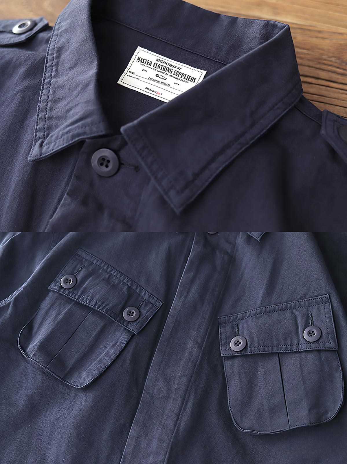 製品画像: 第二次世界大戦リバイバル TCU ジャングルコンバットジャケット メンズ 正面ビュー
詳細画像: 斜め胸ポケットと裾ポケットのディテール ヴィンテージデザインのコンバットジャケット