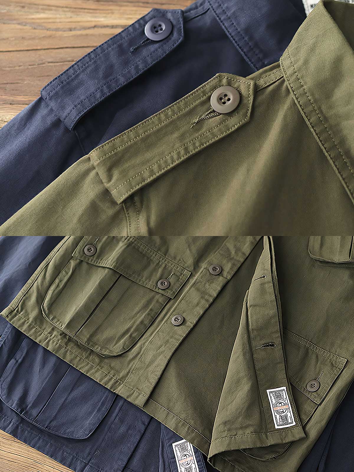 製品画像: 第二次世界大戦リバイバル TCU ジャングルコンバットジャケット メンズ 正面ビュー
詳細画像: 斜め胸ポケットと裾ポケットのディテール ヴィンテージデザインのコンバットジャケット