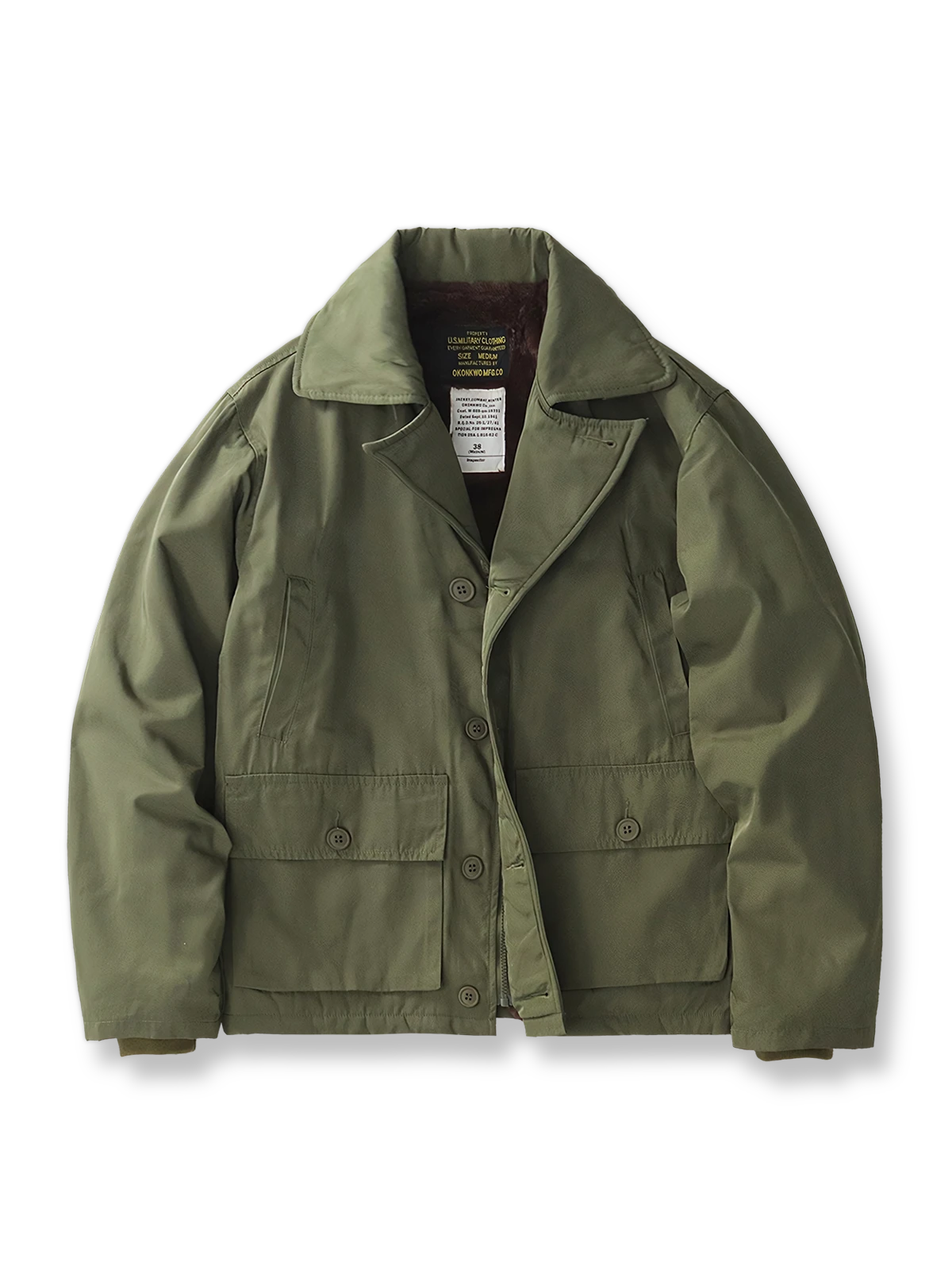 製品画像: AL-1 フライトジャケット メンズ 裏起毛 ミリタリースタイル 正面ビュー
詳細画像: ヴィンテージ風の襟と4つのポケット、防風フラップのディテール