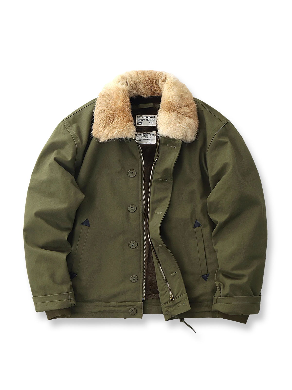 製品画像: N1 デッキジャケット メンズ 裏起毛 ラビットファー襟 ミリタリーデザイン 正面ビュー
詳細画像: TALONジッパーとラビットファー襟のディテール、混紡フリース内側の特写