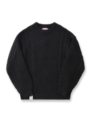 バルーンスリーブ チェック柄ツイスト編みセーター