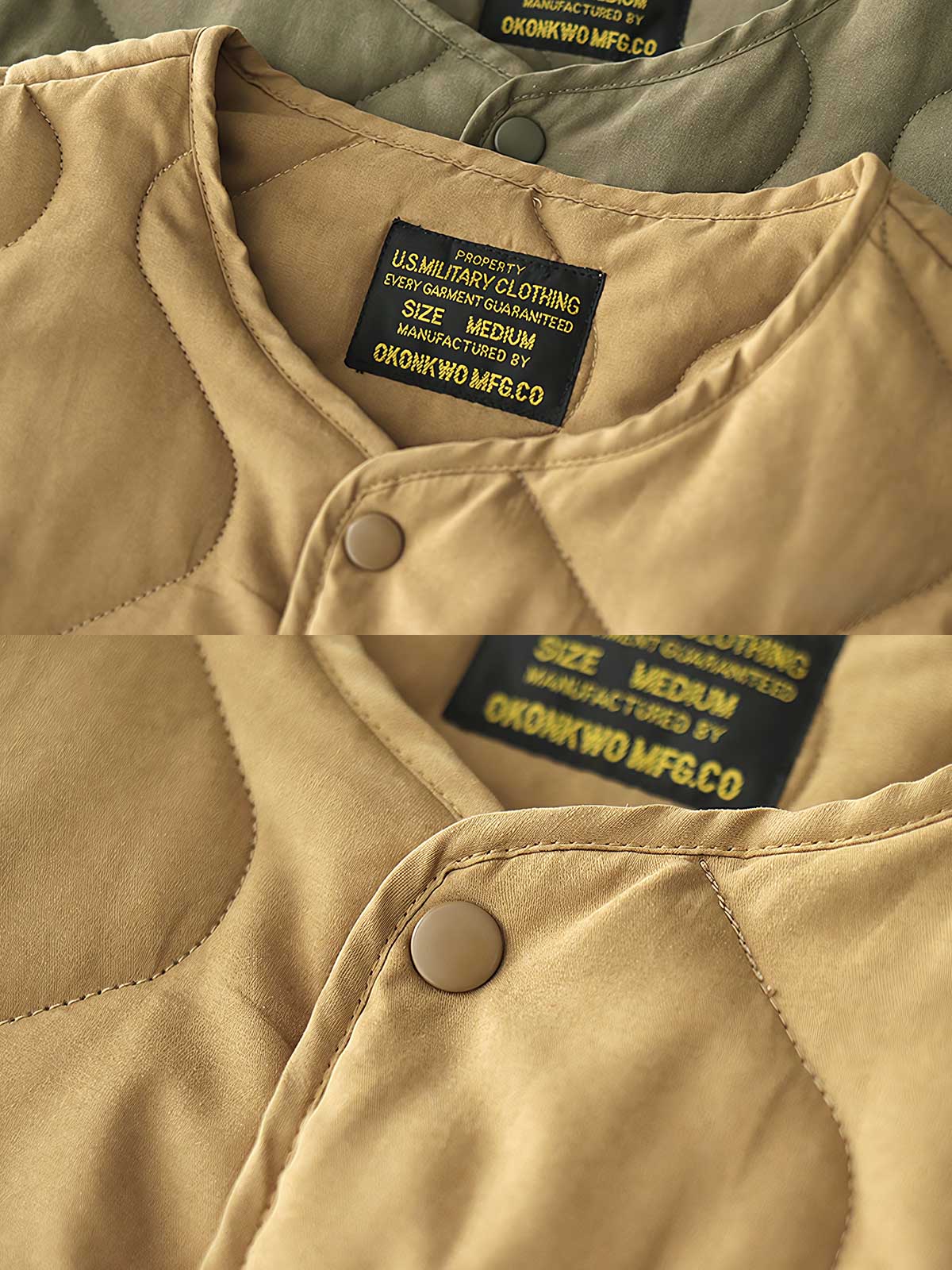 製品画像: M65ライナーリニューアルコートの全体展示。柔らかな両面ピーチスキンとウォッシュドコットン中綿を使用し、秋冬のアウターに最適な暖かさと快適さを提供するノーカラーデザイン。
詳細画像: 独特なウェーブキルティングディテールが施されたM65ライナーコート、シワになりにくいピーチスキン素材の質感。