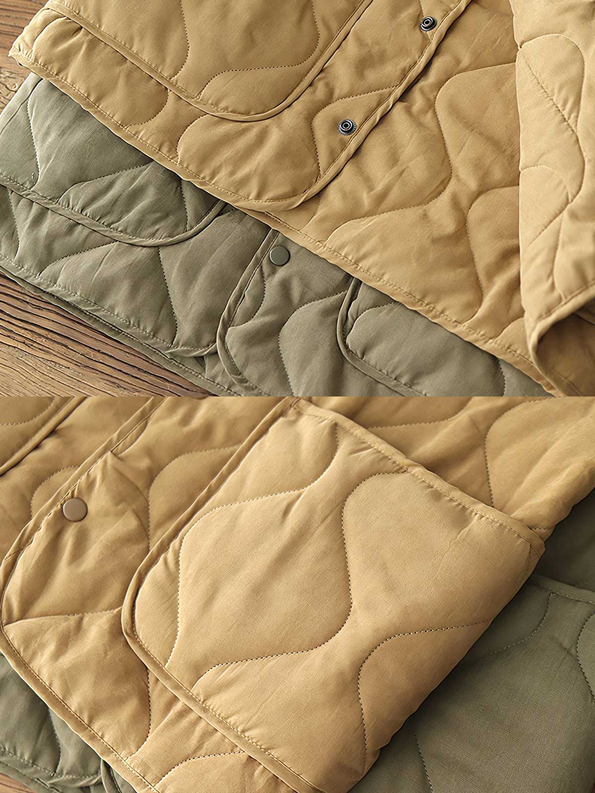 製品画像: M65ライナーリニューアルコートの全体展示。柔らかな両面ピーチスキンとウォッシュドコットン中綿を使用し、秋冬のアウターに最適な暖かさと快適さを提供するノーカラーデザイン。
詳細画像: 独特なウェーブキルティングディテールが施されたM65ライナーコート、シワになりにくいピーチスキン素材の質感。