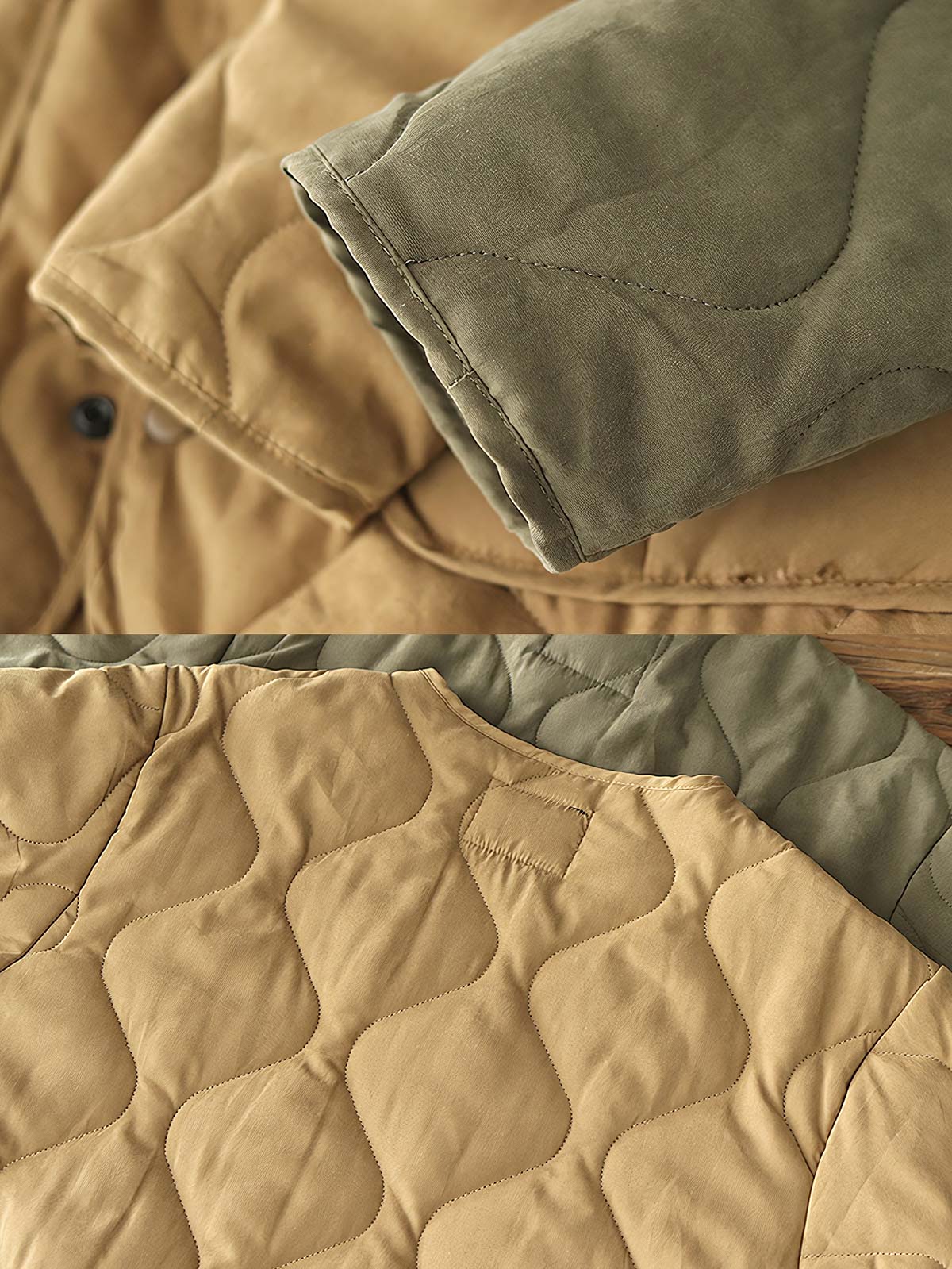 製品画像: M65ライナーリニューアルコートの全体展示。柔らかな両面ピーチスキンとウォッシュドコットン中綿を使用し、秋冬のアウターに最適な暖かさと快適さを提供するノーカラーデザイン。
詳細画像: 独特なウェーブキルティングディテールが施されたM65ライナーコート、シワになりにくいピーチスキン素材の質感。