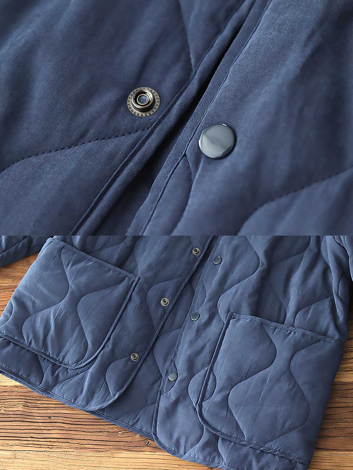 製品画像: M65ライナーリニューアルコートの全体展示。柔らかな両面ピーチスキンとウォッシュドコットン中綿を使用し、秋冬のアウターに最適な暖かさと快適さを提供するノーカラーデザイン。
詳細画像: 独特なウェーブキルティングディテールが施されたM65ライナーコート、シワになりにくいピーチスキン素材の質感。