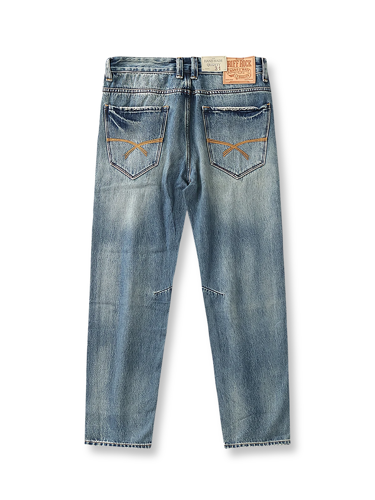 製品画像: ストーンウォッシュ ヴィンテージ加工 浅色スリムストレートデニムパンツ メンズ 正面ビュー
詳細画像: 五つポケットデザインとカスタムレザータグ、ジッパーのディテール