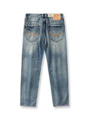 製品画像: ストーンウォッシュ ヴィンテージ加工 浅色スリムストレートデニムパンツ メンズ 正面ビュー
詳細画像: 五つポケットデザインとカスタムレザータグ、ジッパーのディテール