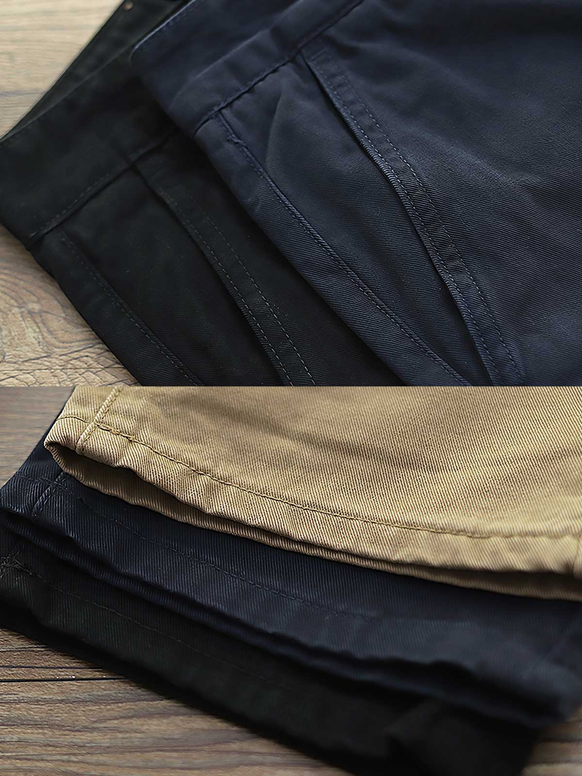 製品画像：アメリカンクラシックストレートツイルパンツの正面図。クラシックなワークスタイルとカジュアル感が共存し、三季節に適した全コットン素材のアイテム。
詳細画像：後ろポケットに施されたフラップデザインのディテールを強調したクローズアップ画像。ワークテイストと実用性を兼ね備えたスタイル。