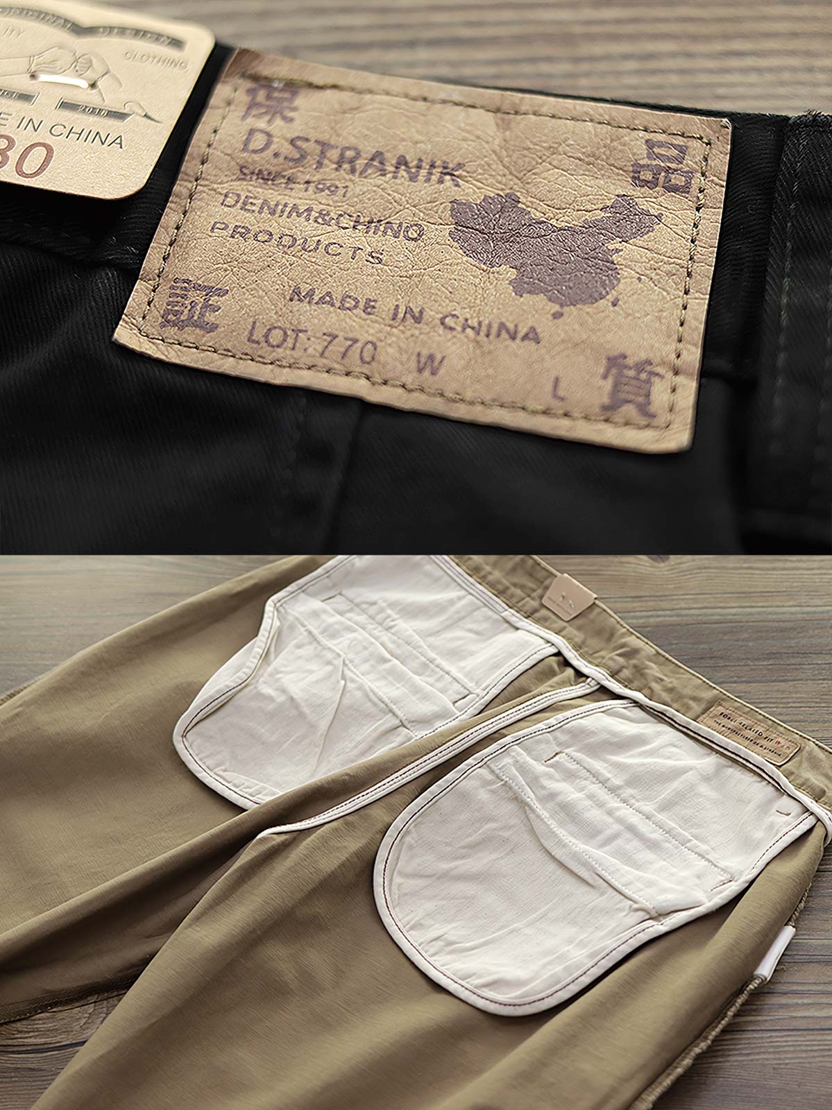 製品画像：アメリカンクラシックストレートツイルパンツの正面図。クラシックなワークスタイルとカジュアル感が共存し、三季節に適した全コットン素材のアイテム。
詳細画像：後ろポケットに施されたフラップデザインのディテールを強調したクローズアップ画像。ワークテイストと実用性を兼ね備えたスタイル。