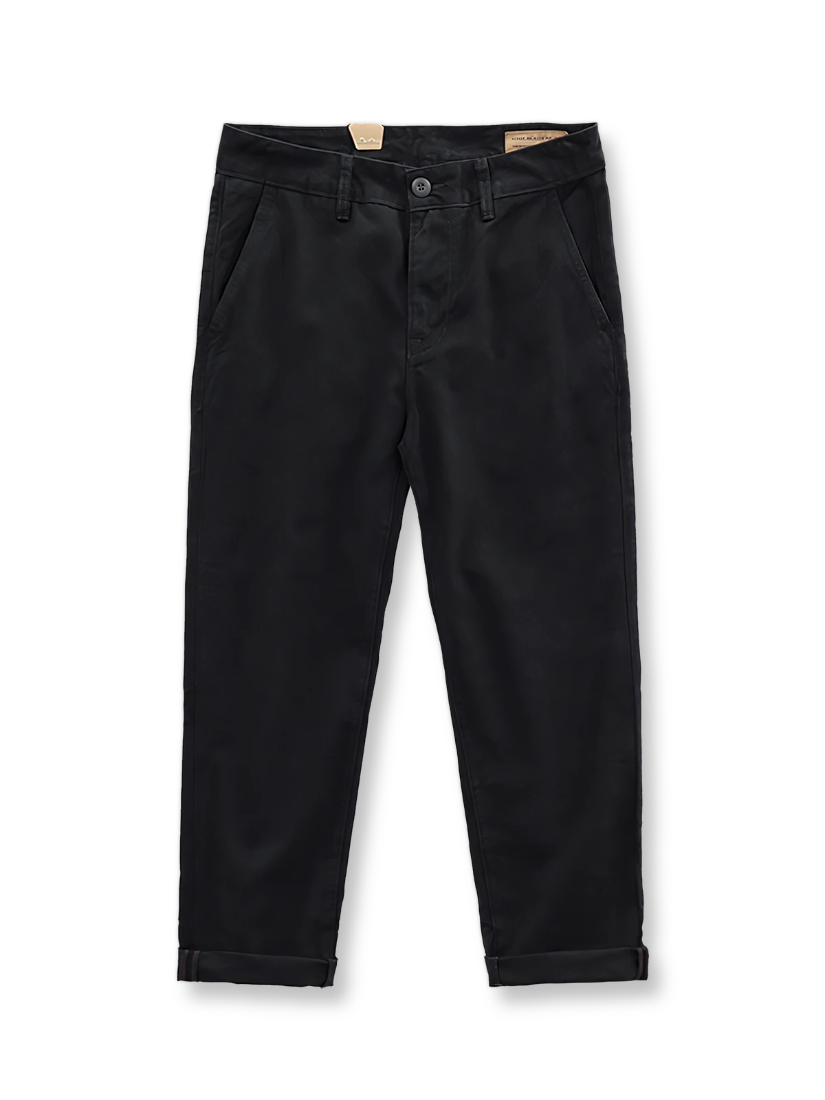 製品画像：アメリカンクラシックストレートツイルパンツの正面図。クラシックなワークスタイルとカジュアル感が共存し、三季節に適した全コットン素材のアイテム。
詳細画像：後ろポケットに施されたフラップデザインのディテールを強調したクローズアップ画像。ワークテイストと実用性を兼ね備えたスタイル。