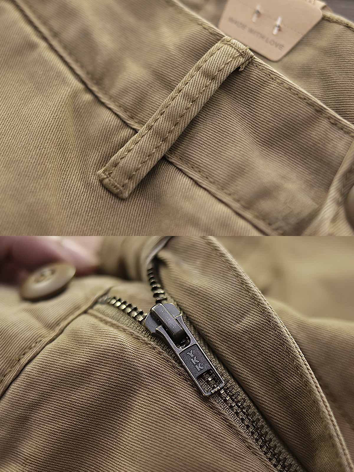 製品画像：アメリカンクラシックストレートツイルパンツの正面図。クラシックなワークスタイルとカジュアル感が共存し、三季節に適した全コットン素材のアイテム。
詳細画像：後ろポケットに施されたフラップデザインのディテールを強調したクローズアップ画像。ワークテイストと実用性を兼ね備えたスタイル。