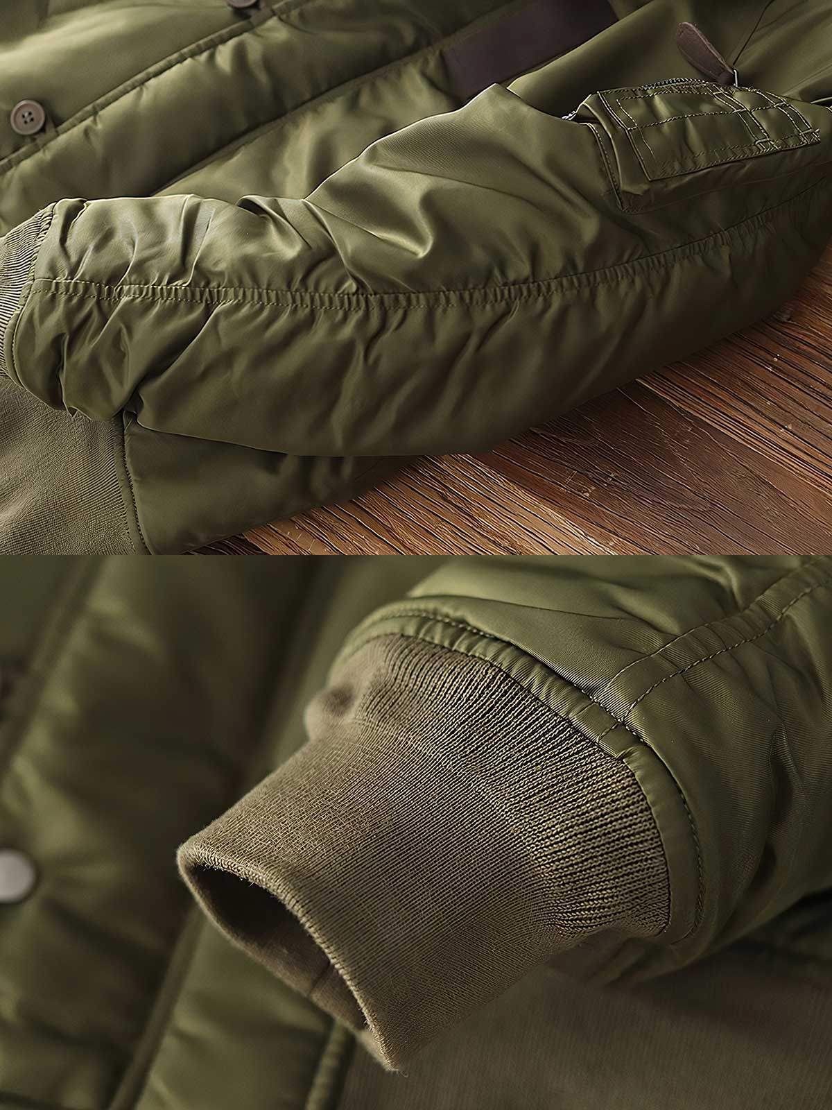 製品画像：N2Bフライトジャケットの正面図。高密度防水ナイロンと天然タヌキファー毛襟を採用し、混合ウールライニングで優れた保温性を実現。冬季のアウトドアや日常コーデに最適なアイテム。
詳細画像：ジャケットのタヌキファー毛襟と内側の混合ウールライニングをクローズアップ。クラシックなミリタリースタイルと防寒性能を兼ね備え、実用性とファッション性が融合したデザイン。