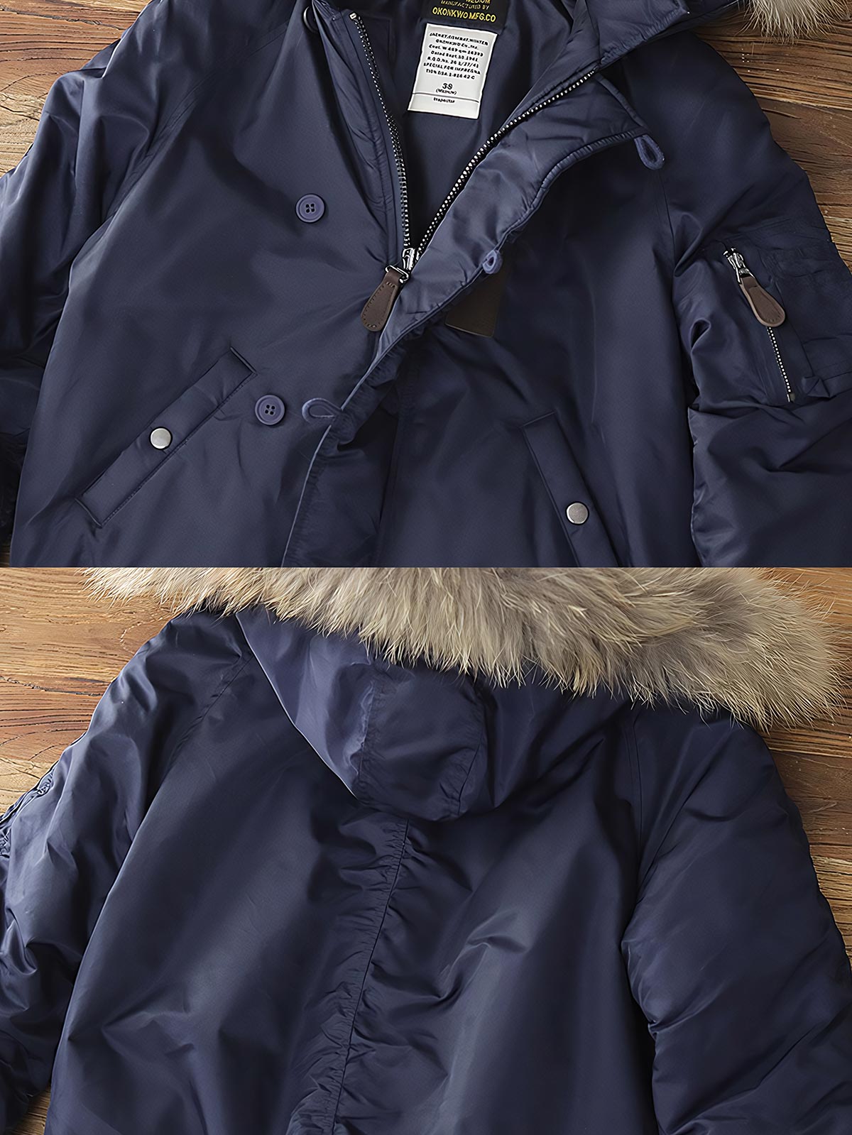 製品画像：N2Bフライトジャケットの正面図。高密度防水ナイロンと天然タヌキファー毛襟を採用し、混合ウールライニングで優れた保温性を実現。冬季のアウトドアや日常コーデに最適なアイテム。
詳細画像：ジャケットのタヌキファー毛襟と内側の混合ウールライニングをクローズアップ。クラシックなミリタリースタイルと防寒性能を兼ね備え、実用性とファッション性が融合したデザイン。